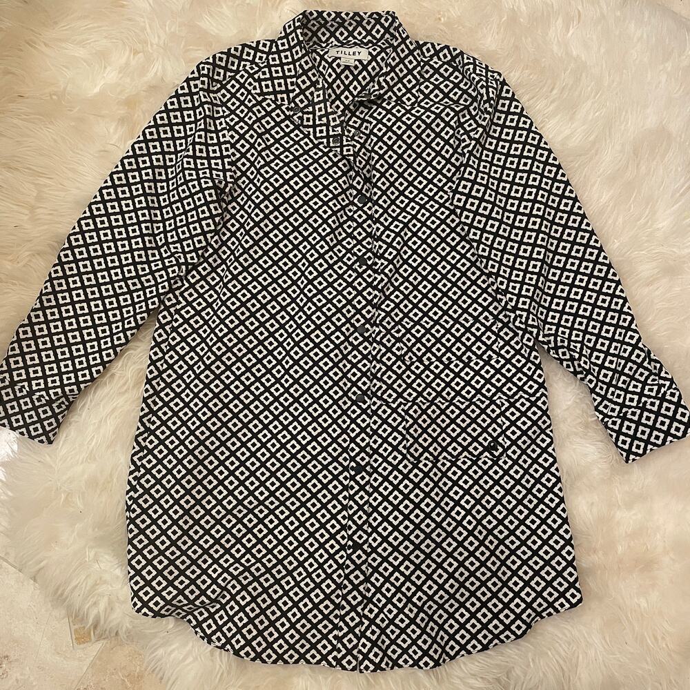 Tilley S Black Geometric Shirt Dress | Recycled Fabric, Stretch, Travel NWOT